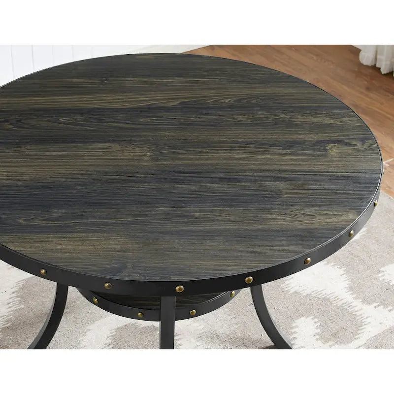 Round Counter Height Dining Table with Nailhead Detail and Open Shelf 48 Inch