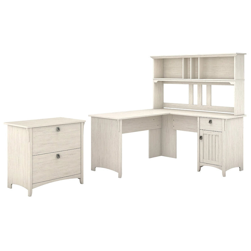 60 Inch L-Shaped Desk with Hutch and Lateral File Cabinet in Antique White