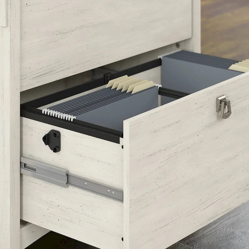 60 Inch L-Shaped Desk with Hutch and Lateral File Cabinet in Antique White