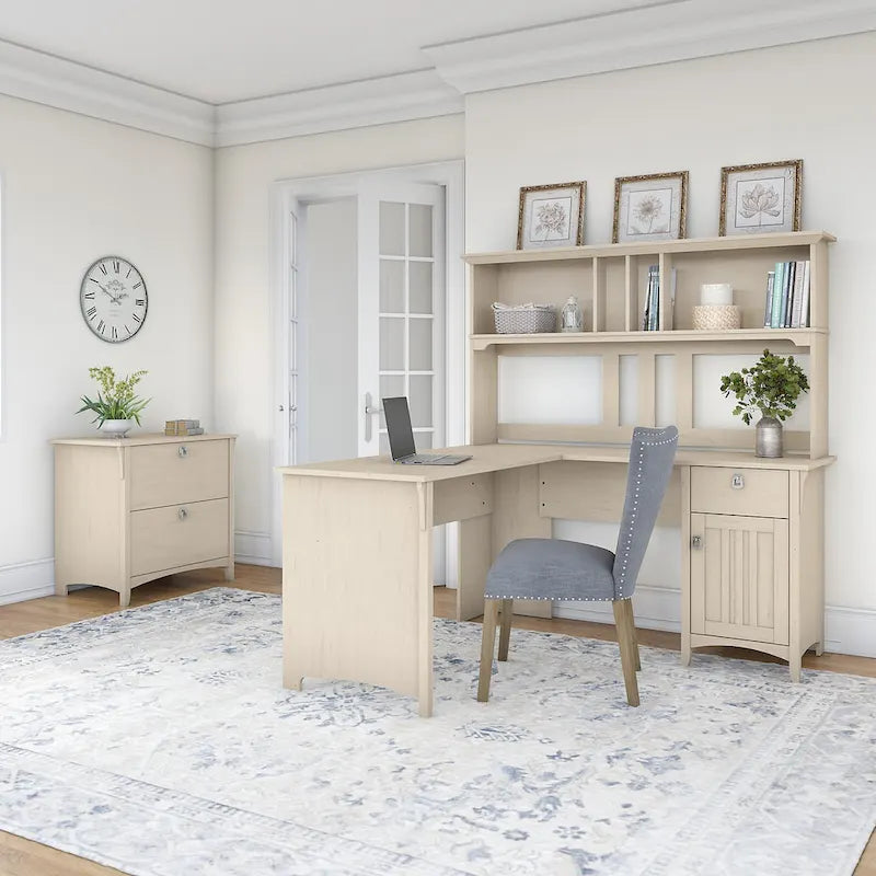 60 Inch L-Shaped Desk with Hutch and Lateral File Cabinet in Antique White