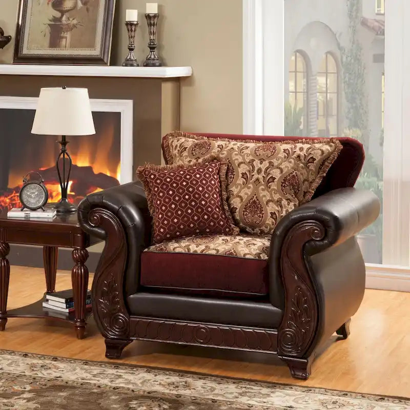 Traditional Faux Leather Padded Armchair with Carved Wood Frame