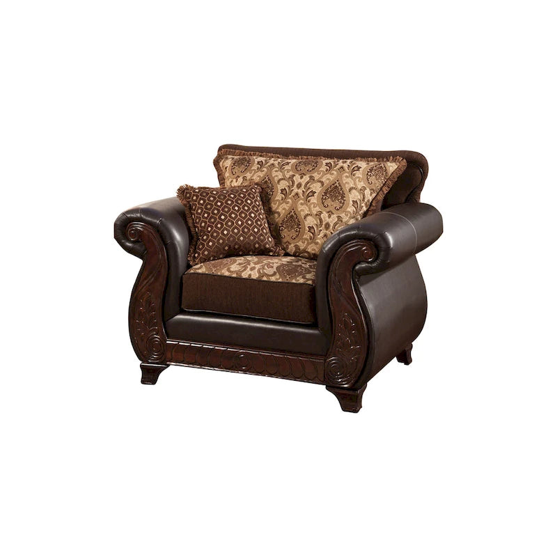 Traditional Faux Leather Padded Armchair with Carved Wood Frame