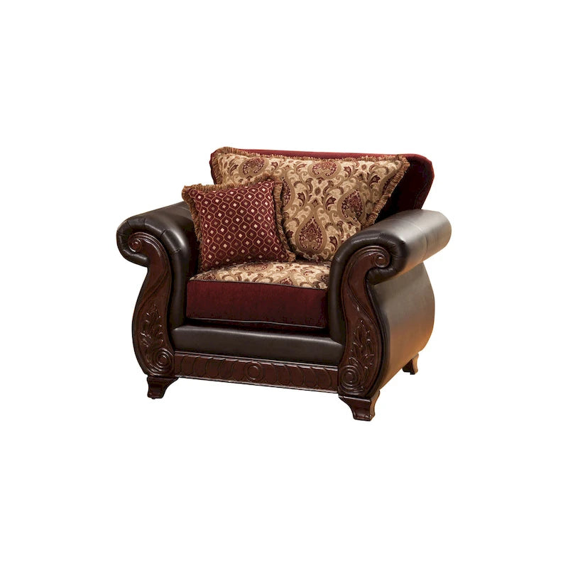 Traditional Faux Leather Padded Armchair with Carved Wood Frame