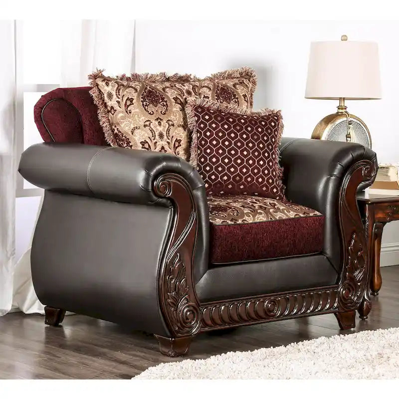 Traditional Faux Leather Padded Armchair with Carved Wood Frame