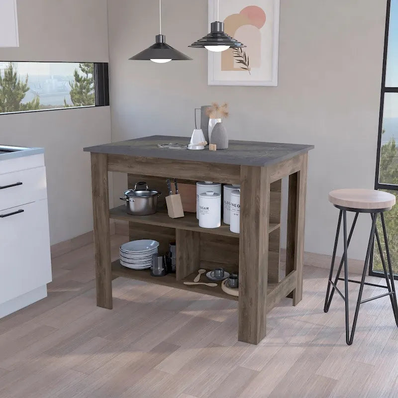 40.5 Inch Wood Kitchen Island with 3 Storage Shelves and Dining Table Top