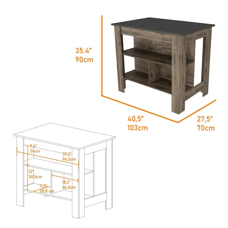 40.5 Inch Wood Kitchen Island with 3 Storage Shelves and Dining Table Top