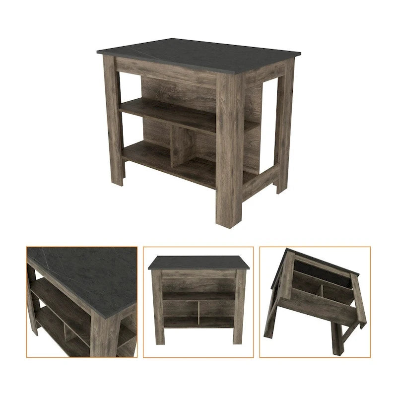 40.5 Inch Wood Kitchen Island with 3 Storage Shelves and Dining Table Top