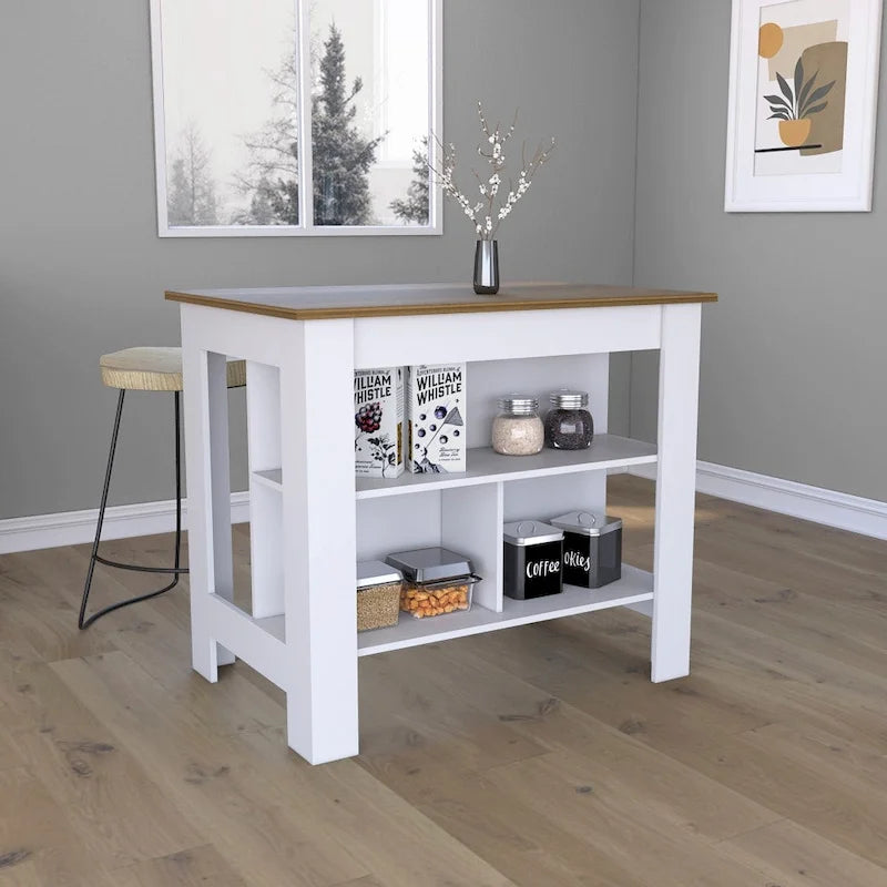 40.5 Inch Wood Kitchen Island with 3 Storage Shelves and Dining Table Top