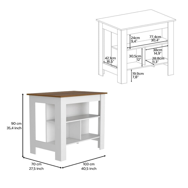 40.5 Inch Wood Kitchen Island with 3 Storage Shelves and Dining Table Top