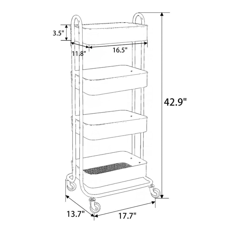 4-Tier Metal Rolling Utility Cart with Wheels 17.7x13.7x42.9 Inch