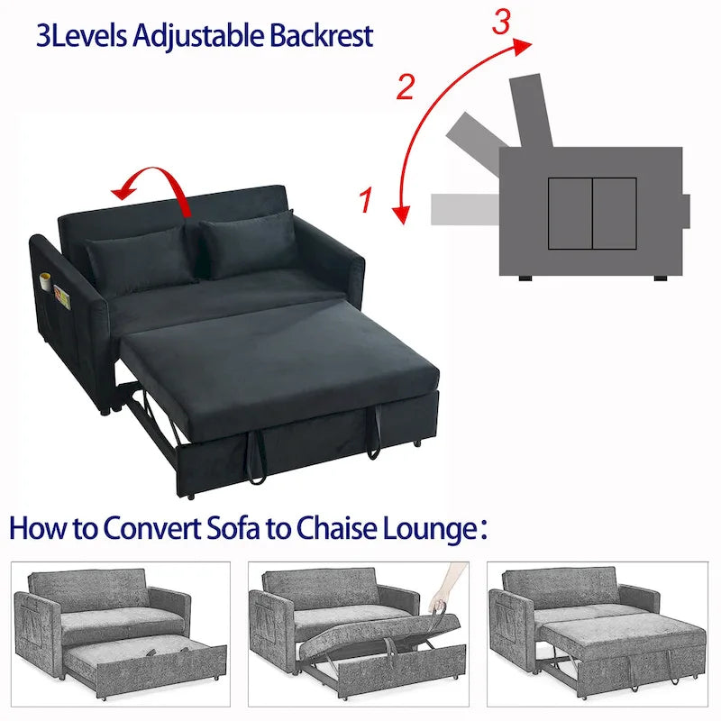 3-in-1 Convertible Velvet Sofa Bed with Pullout Trundle and Adjustable Backrest 54 Inch