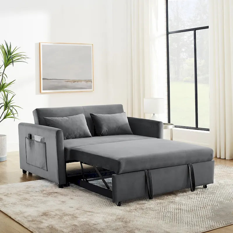 3-in-1 Convertible Velvet Sofa Bed with Pullout Trundle and Adjustable Backrest 54 Inch