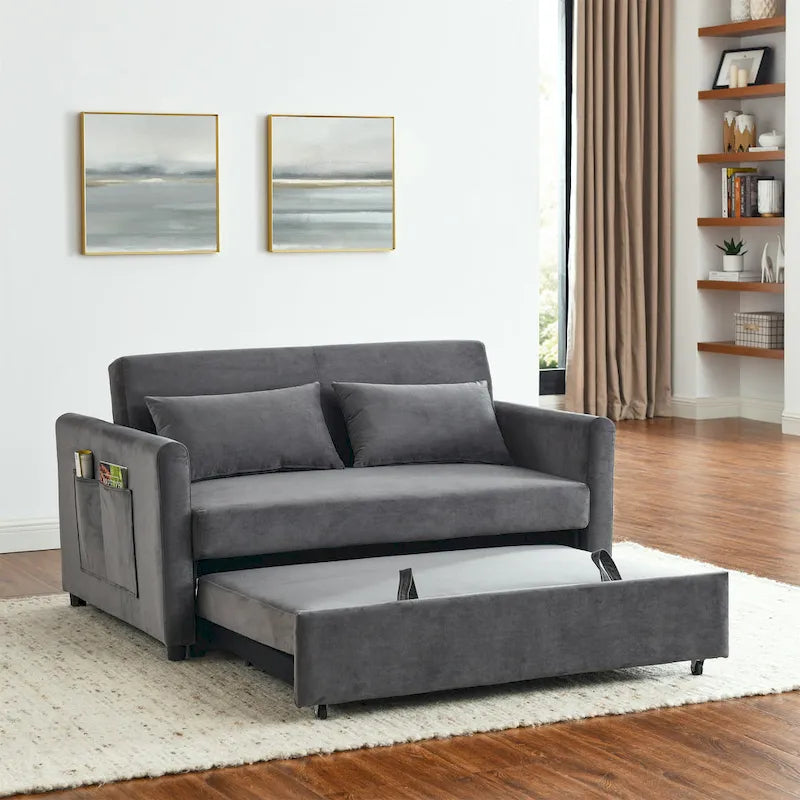 3-in-1 Convertible Velvet Sofa Bed with Pullout Trundle and Adjustable Backrest 54 Inch