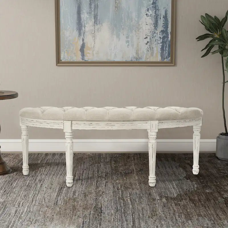 Button-Tufted Linen Upholstered Bench with Fluted Wood Legs 55 Inch