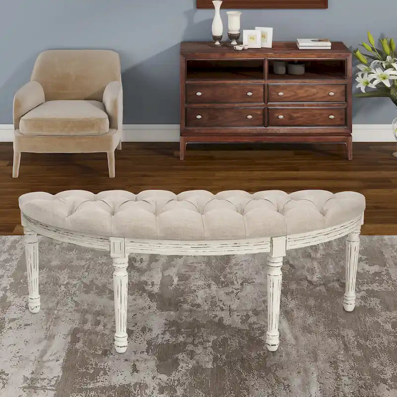 Button-Tufted Linen Upholstered Bench with Fluted Wood Legs 55 Inch