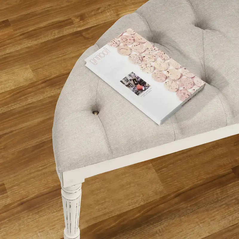Button-Tufted Linen Upholstered Bench with Fluted Wood Legs 55 Inch