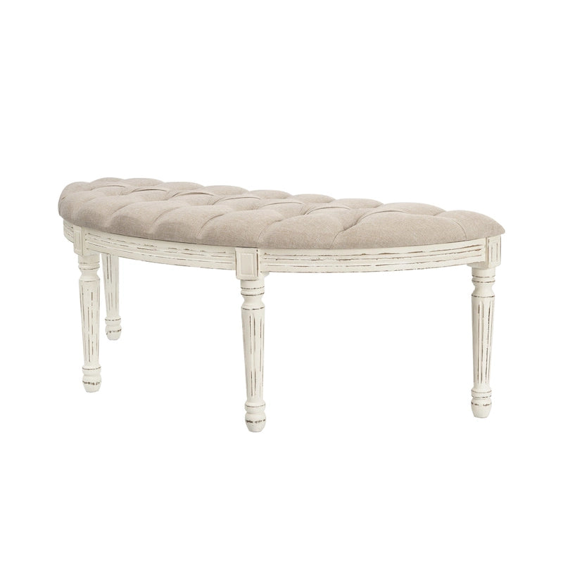 Button-Tufted Linen Upholstered Bench with Fluted Wood Legs 55 Inch