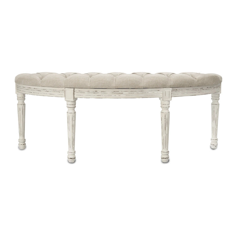 Button-Tufted Linen Upholstered Bench with Fluted Wood Legs 55 Inch