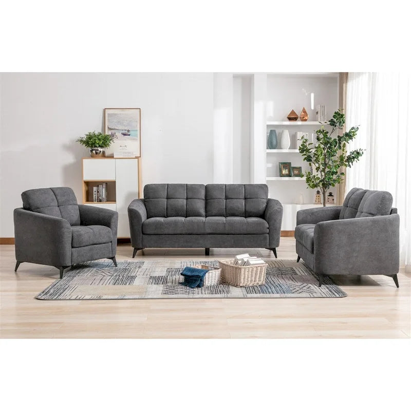 3-Piece Velvet Tufted Living Room Set Sofa Loveseat and Chair with Black Metal Legs
