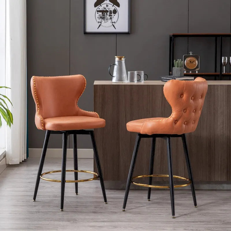 Counter Height Leathaire Bar Chairs with 180-Degree Swivel and Gold Nailhead Trim Set of 2