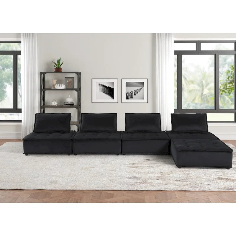 5-Seat Velvet Modular Sectional Sofa with Ottoman