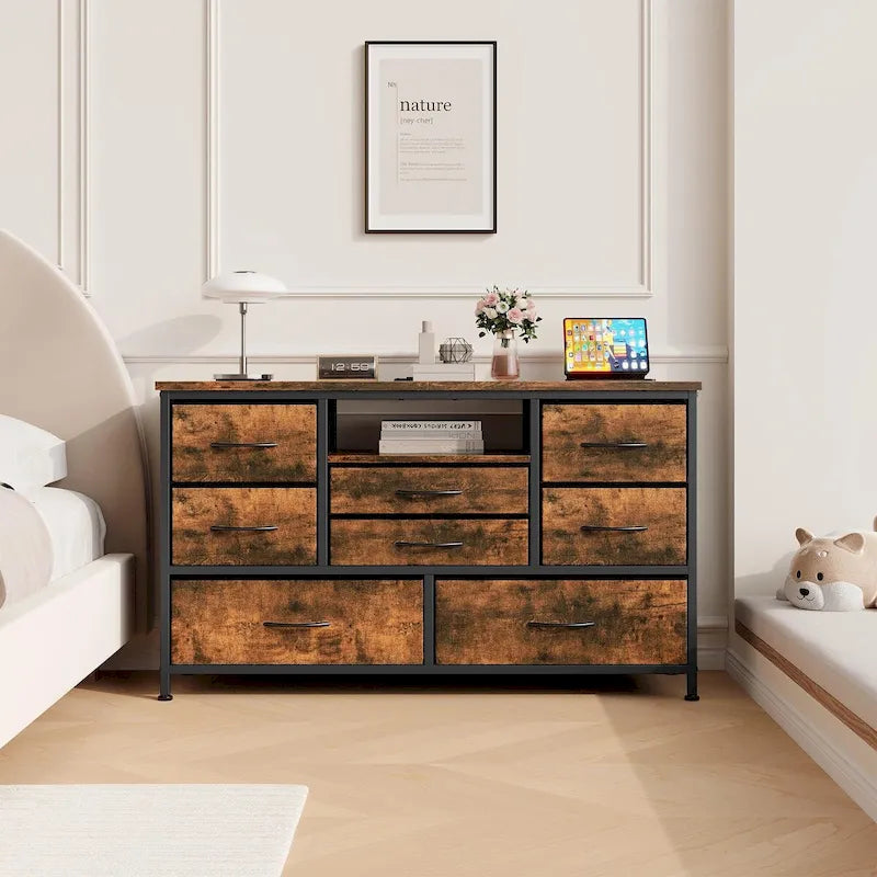 8-Drawer Dresser TV Stand with LED Lights and Power Outlet for 55 Inch TV