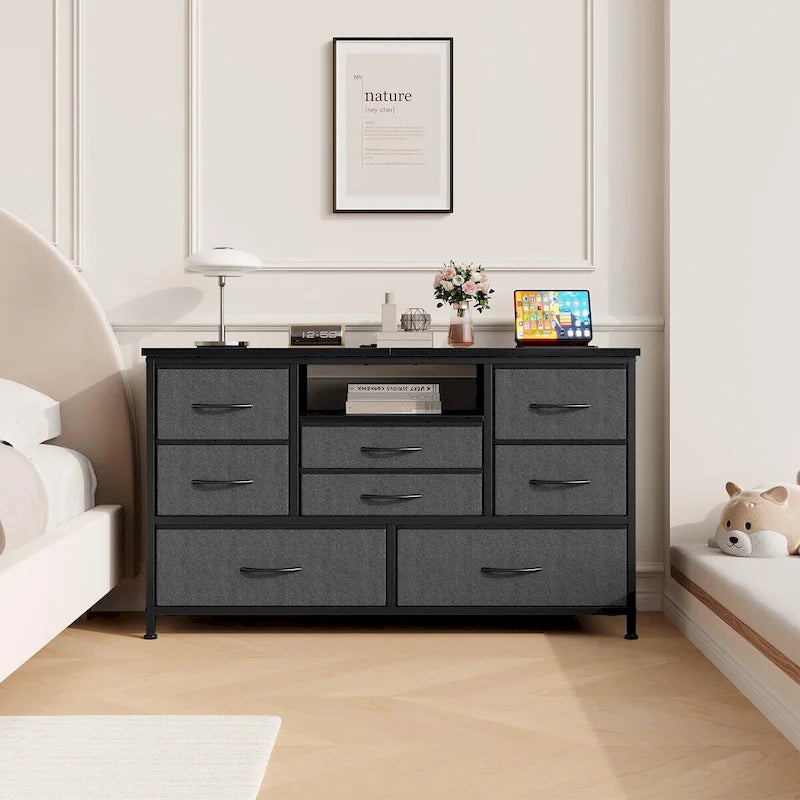 8-Drawer Dresser TV Stand with LED Lights and Power Outlet for 55 Inch TV