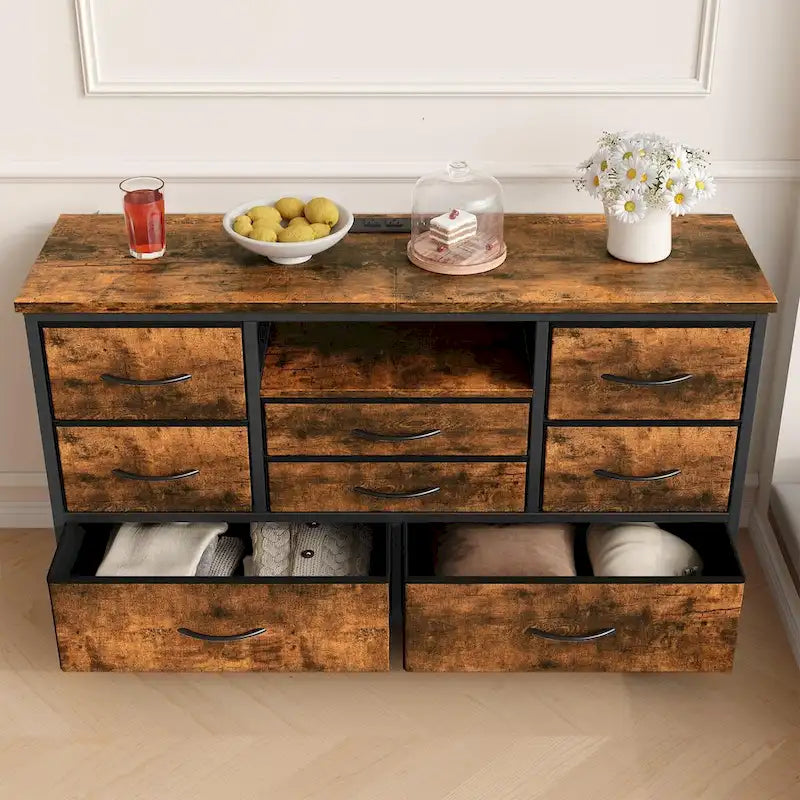 8-Drawer Dresser TV Stand with LED Lights and Power Outlet for 55 Inch TV
