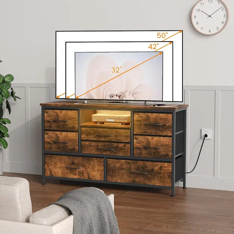 8-Drawer Dresser TV Stand with LED Lights and Power Outlet for 55 Inch TV
