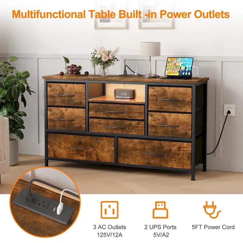 8-Drawer Dresser TV Stand with LED Lights and Power Outlet for 55 Inch TV