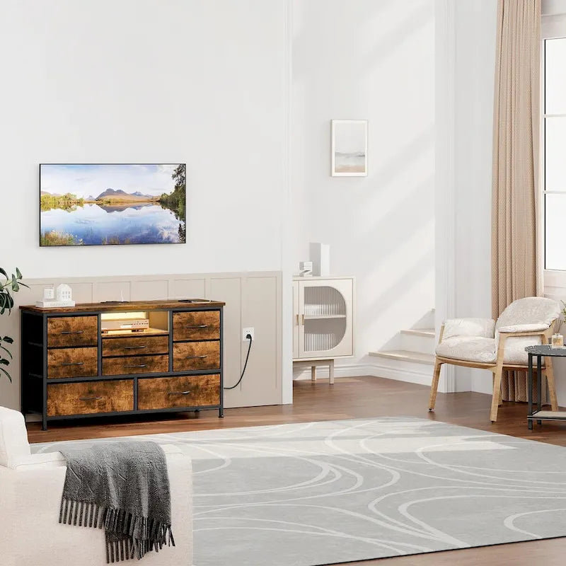 8-Drawer Dresser TV Stand with LED Lights and Power Outlet for 55 Inch TV