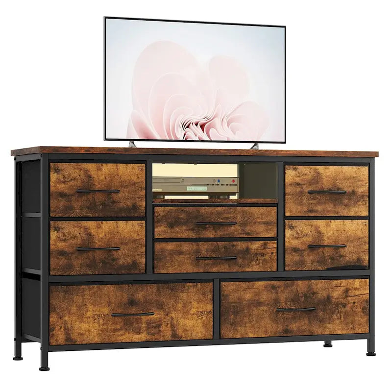 8-Drawer Dresser TV Stand with LED Lights and Power Outlet for 55 Inch TV