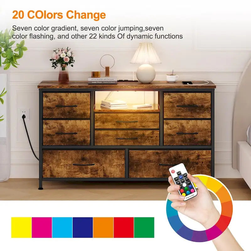 8-Drawer Dresser TV Stand with LED Lights and Power Outlet for 55 Inch TV