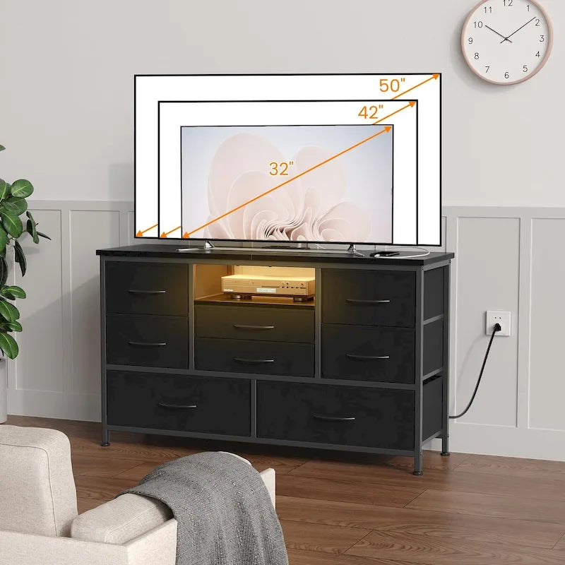 8-Drawer Dresser TV Stand with LED Lights and Power Outlet for 55 Inch TV