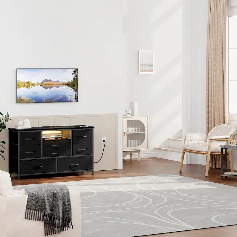 8-Drawer Dresser TV Stand with LED Lights and Power Outlet for 55 Inch TV