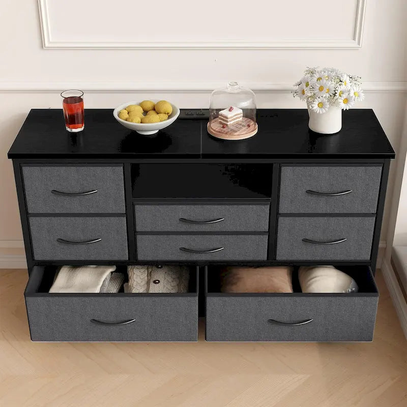8-Drawer Dresser TV Stand with LED Lights and Power Outlet for 55 Inch TV