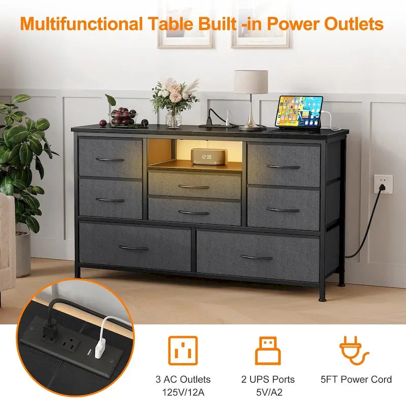8-Drawer Dresser TV Stand with LED Lights and Power Outlet for 55 Inch TV