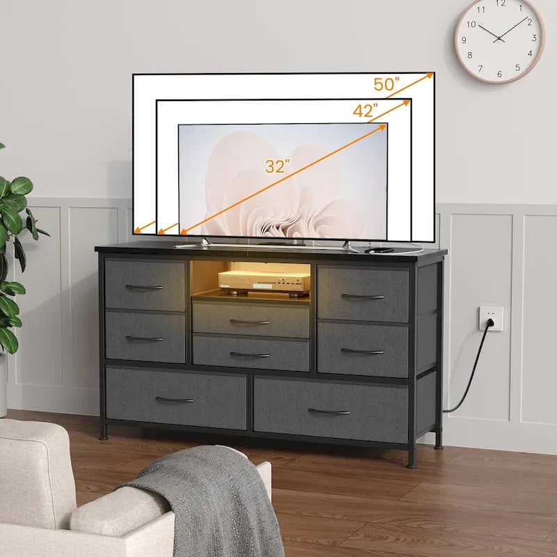 8-Drawer Dresser TV Stand with LED Lights and Power Outlet for 55 Inch TV