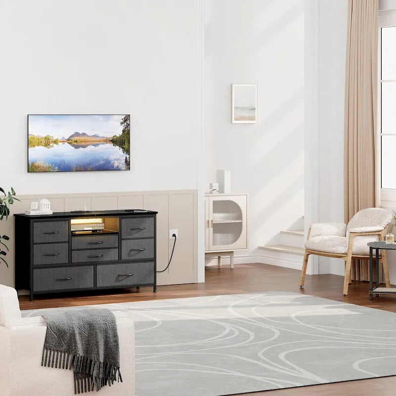 8-Drawer Dresser TV Stand with LED Lights and Power Outlet for 55 Inch TV
