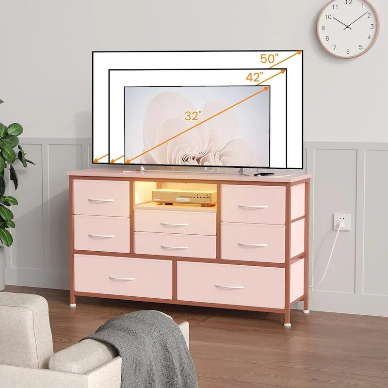 8-Drawer Dresser TV Stand with LED Lights and Power Outlet for 55 Inch TV