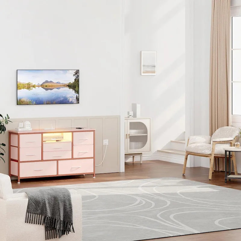 8-Drawer Dresser TV Stand with LED Lights and Power Outlet for 55 Inch TV