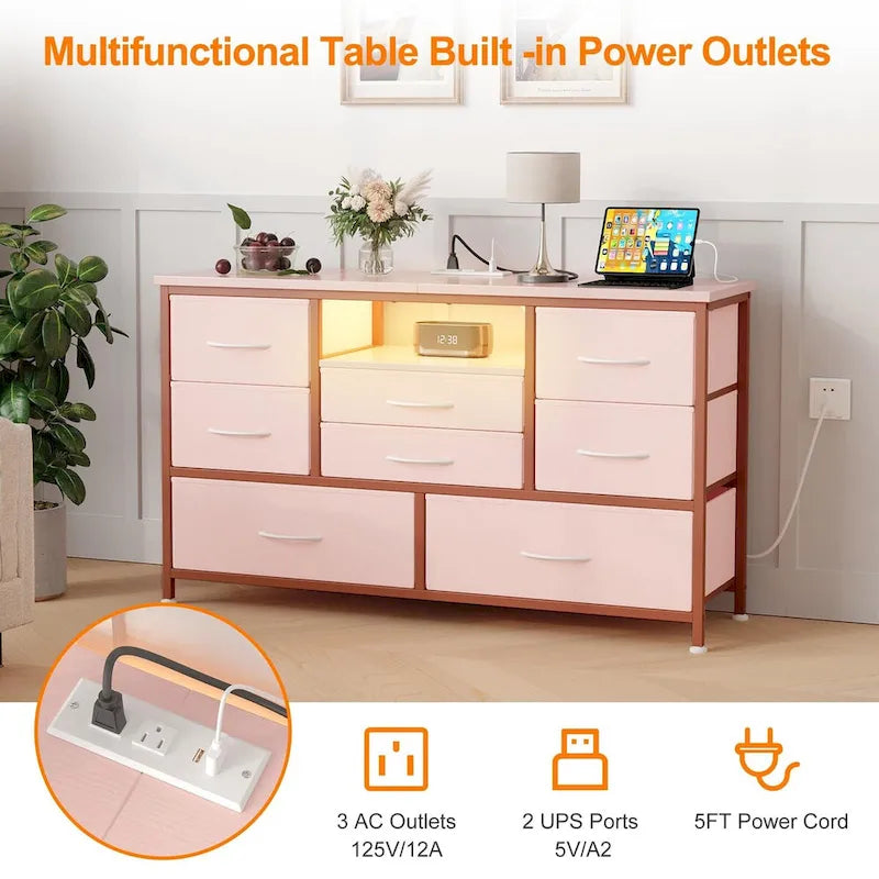 8-Drawer Dresser TV Stand with LED Lights and Power Outlet for 55 Inch TV