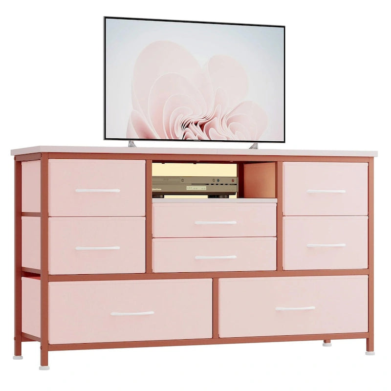 8-Drawer Dresser TV Stand with LED Lights and Power Outlet for 55 Inch TV