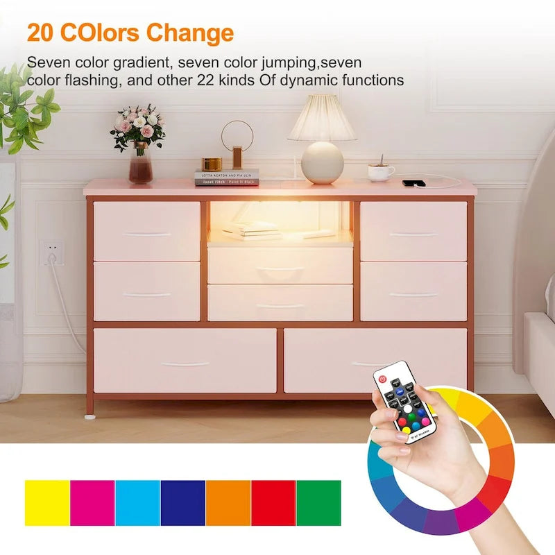 8-Drawer Dresser TV Stand with LED Lights and Power Outlet for 55 Inch TV