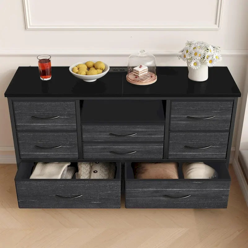 8-Drawer Dresser TV Stand with LED Lights and Power Outlet for 55 Inch TV