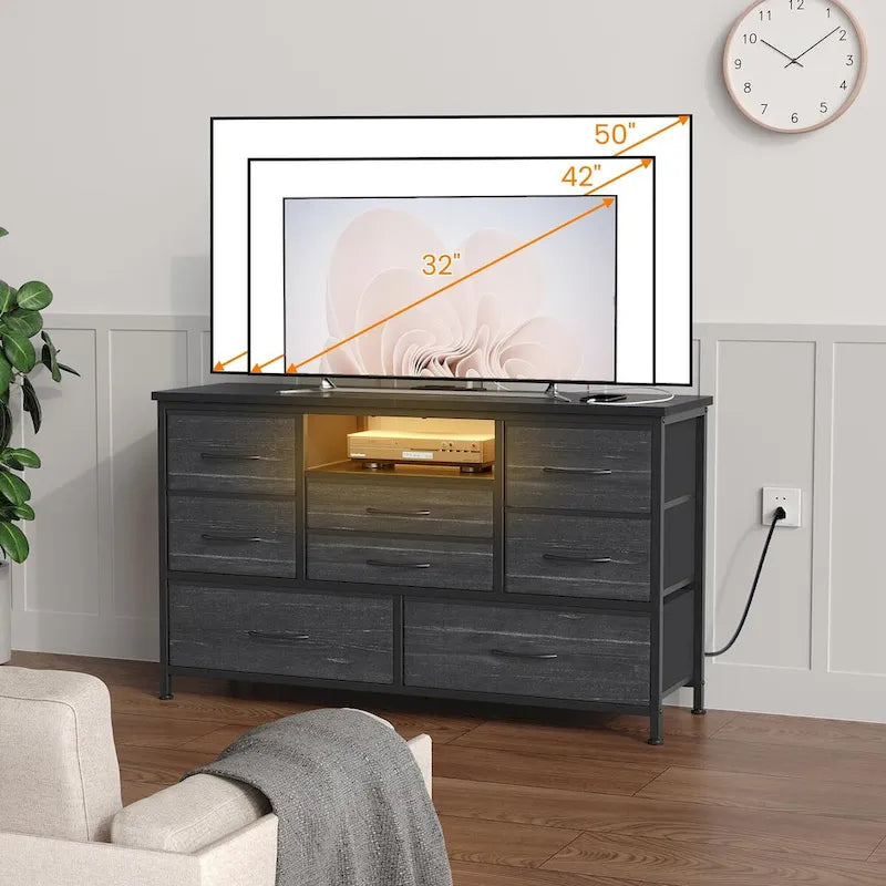8-Drawer Dresser TV Stand with LED Lights and Power Outlet for 55 Inch TV