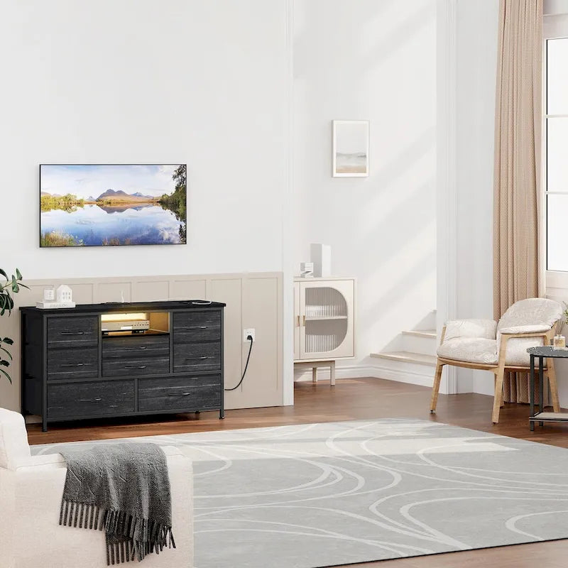 8-Drawer Dresser TV Stand with LED Lights and Power Outlet for 55 Inch TV