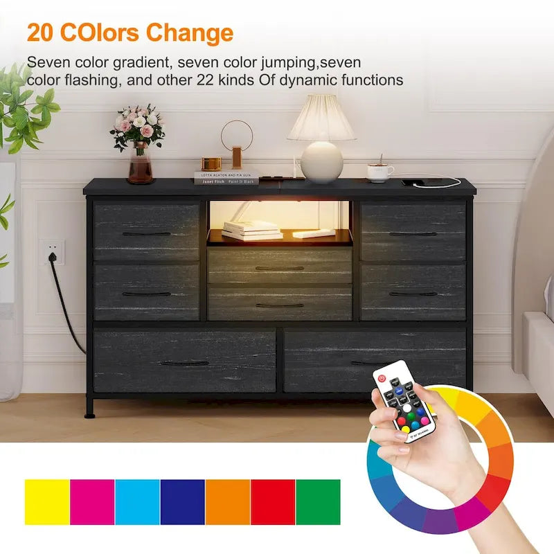 8-Drawer Dresser TV Stand with LED Lights and Power Outlet for 55 Inch TV