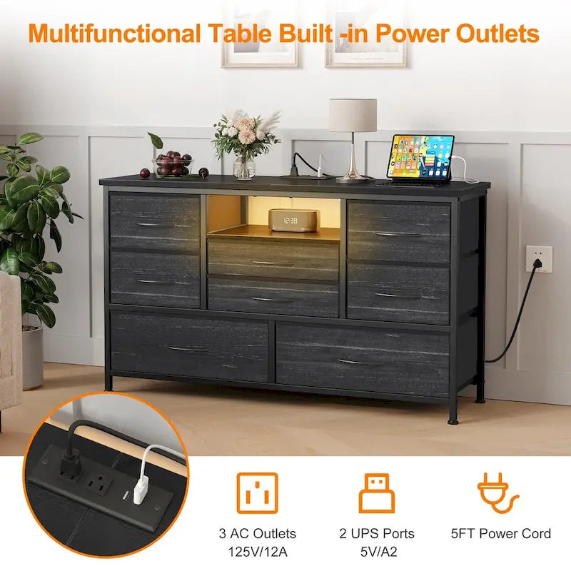 8-Drawer Dresser TV Stand with LED Lights and Power Outlet for 55 Inch TV