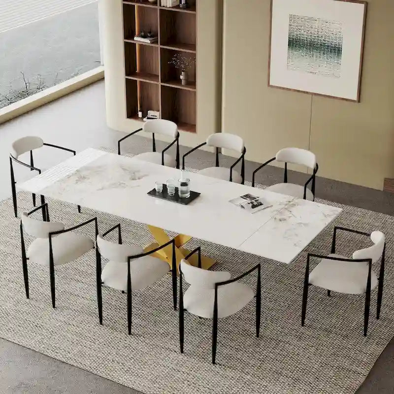 9-Piece Extendable Sintered Stone Dining Set with Steel X-Base and 8 Boucle Chairs 94 Inch